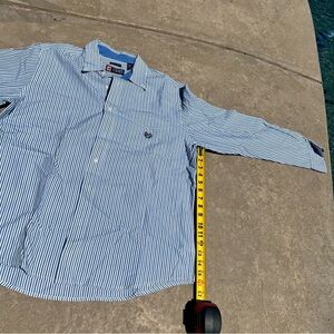 Chaps Shirt Men's Large Easy Care Button Up Green Blue Striped Long Sleeve